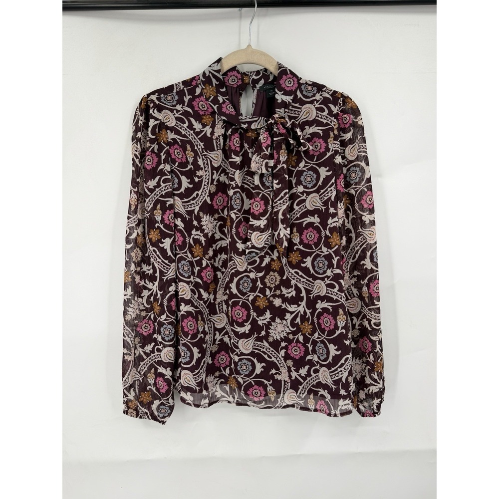Ann Taylor Floral Long Sleeve Blouse Women XS Purple Bohemian Whimsical Feminine